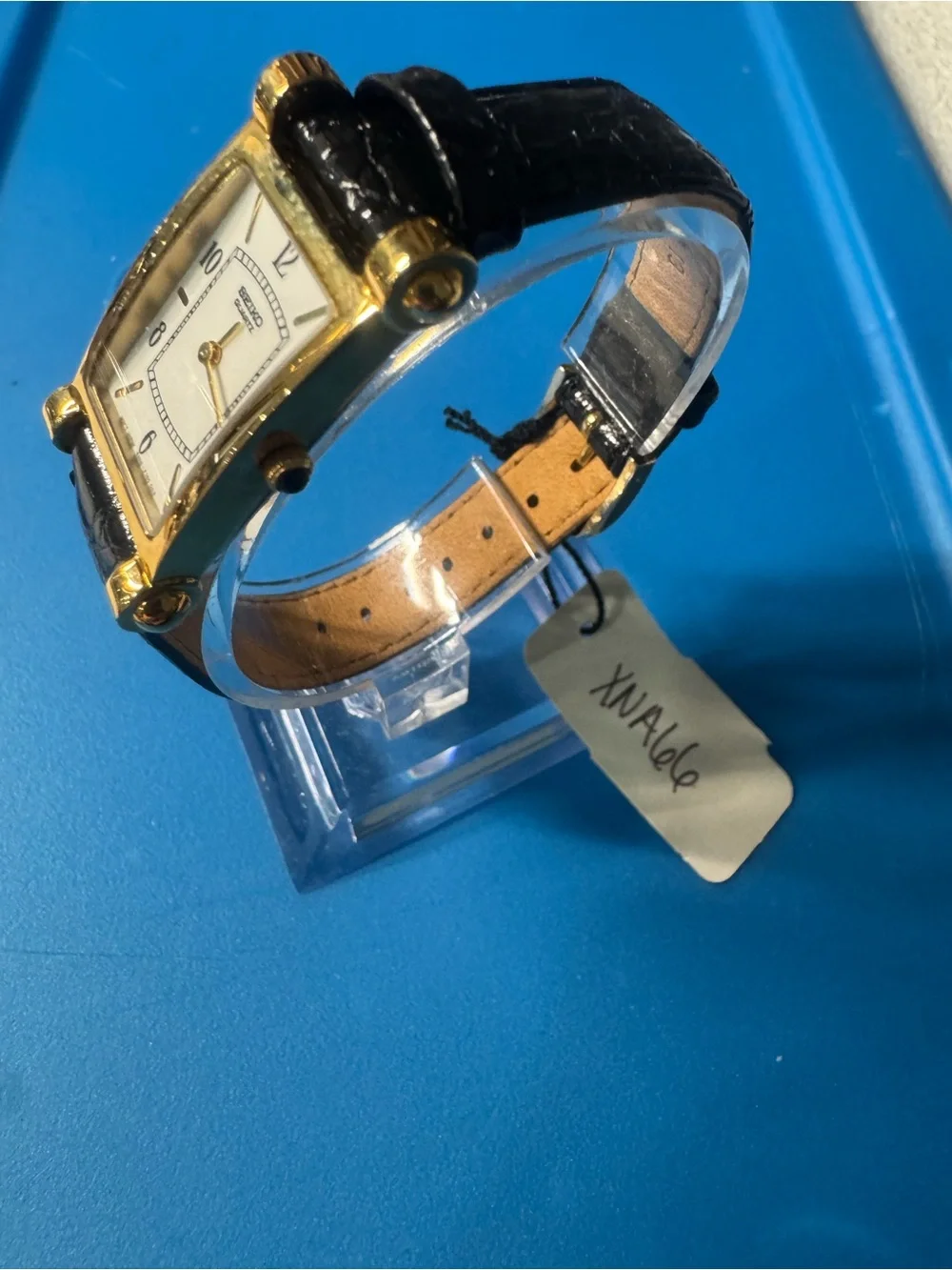 Seiko Gold-Tone Rectangular Quartz Watch with Black Strap